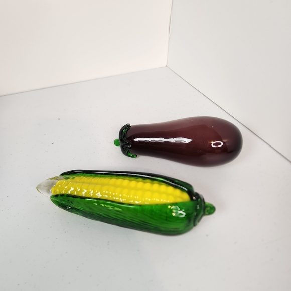 Vintage Art Blown Glass Vegetables Aubergine Eggplant Corn on the Cob Figurine - Picture 2 of 6